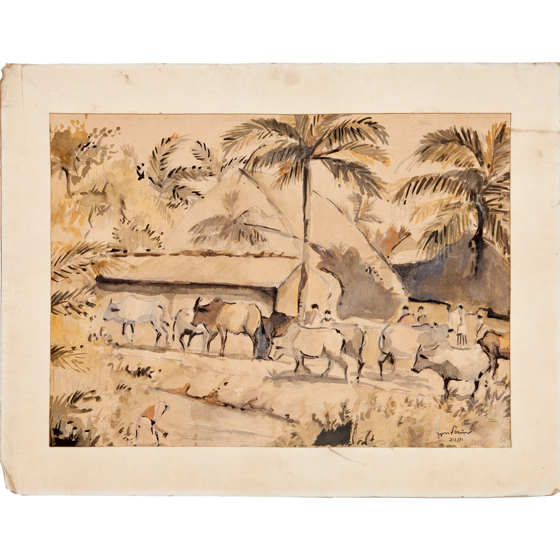 Ramkinkar Baij, watercolor on paper: Ramkinkar Baij, watercolor on paper, Ramkinkar Baij (Indian, 1906-1980), Village scene, graphite and watercolor on paper, signed lower right, glued at edges to paper mat, unframed, 10.5"h x 14.5"w (si