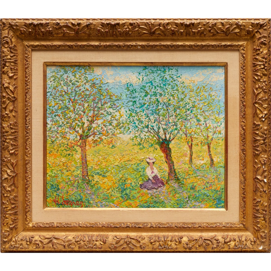 Harry Somers, Impressionist oil on canvas: Harry Somers, Impressionist oil on canvas, Harry Somers (German-American, 1922-2013), Woman in Landscape, signed lower left, 12.5"h x 15.5"w (sight), 20.5"h x 23.5"w (frame) Provenance: A Private