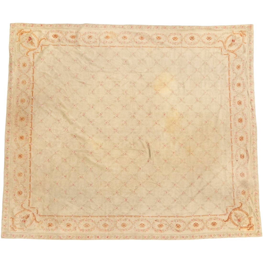 Louis XVI Aubusson carpet, ex Lehman Coll: Louis XVI Aubusson carpet, ex Lehman Coll, 18th/19th c., France, woven wool, the pale-green ground with a rosette trellis overall with a floral border, linen backing, approx. 151"l x 130"w
