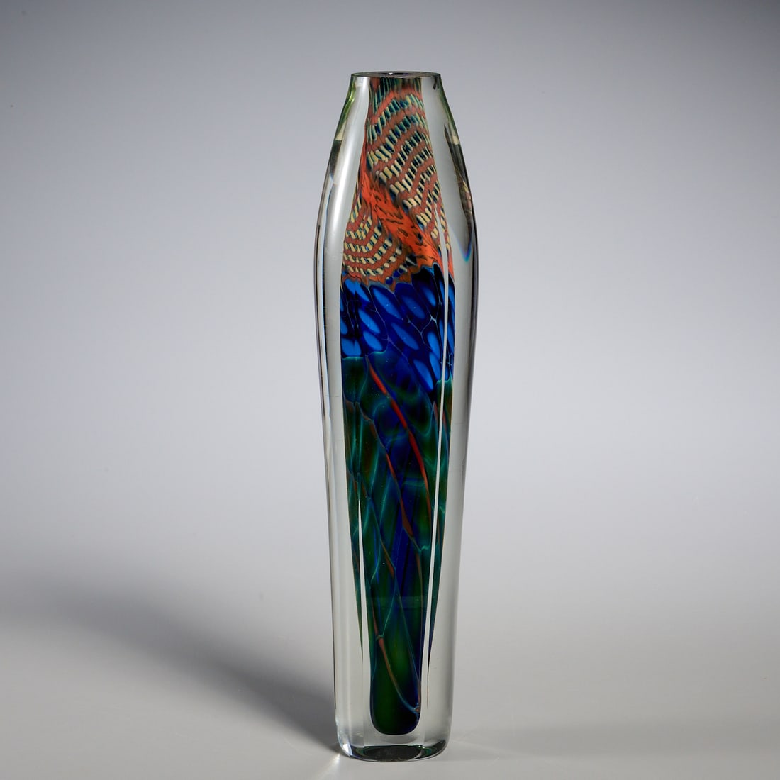 Steven Main, art glass vase: Steven Main, art glass vase, c. 1991, tall slender bud vase, signed "Steven Main" on underside, 12"h x 2.75"w x 2"d Provenance: The Collection of June and Frank Barsalona, NYC