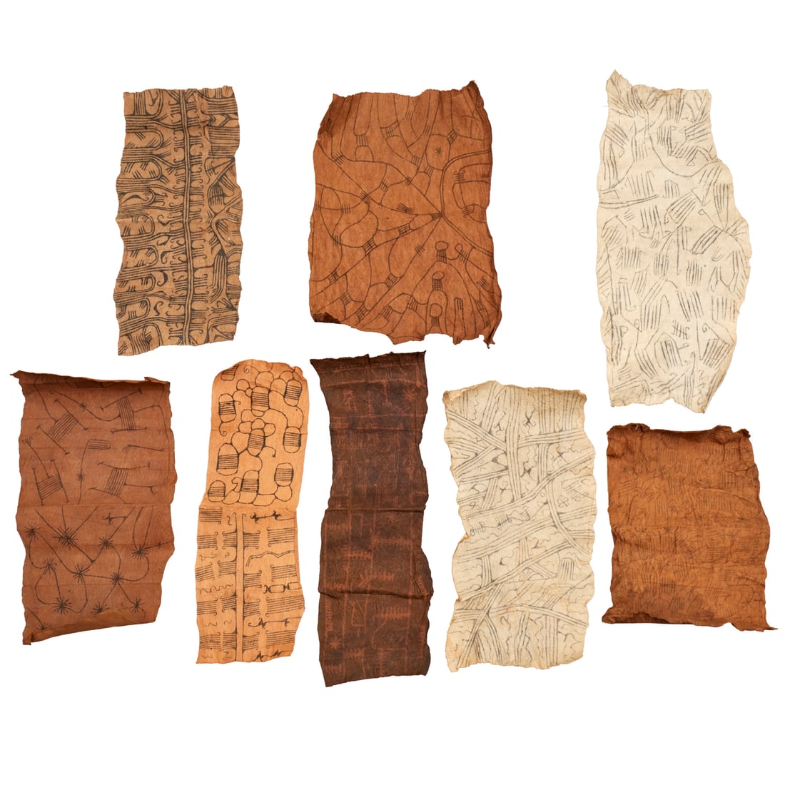 Group (8) African bark cloth paintings: Group (8) African bark cloth paintings, 20th c., DRC, various colors, designs and sizes, approx. 33"l x 15"w (longest), 22"l x 15"w (smallest)