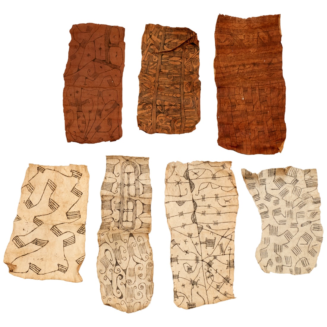 Group (7) African bark cloth paintings: Group (7) African bark cloth paintings, 20th c., DRC, various colors, designs and sizes, approx. 30"l x 15"w (largest), 23"l x 13"w (smallest)