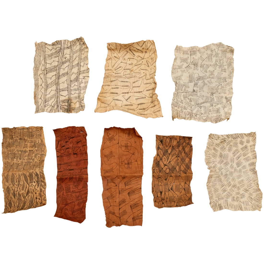 Group (8) African bark cloth paintings: Group (8) African bark cloth paintings, 20th c., DRC, various colors, designs and sizes, approx. 25"l x 19"w (largest), 31"l x 10"w (smallest)