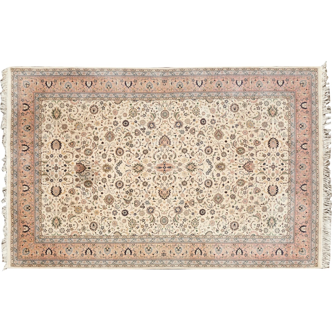 Room-size Persian Nain carpet: Room-size Persian Nain carpet, 20th c., hand-knotted wool pile, delicate vegetal pattern in rose, blue, and lilac on cream ground, unmarked, approx. 15'6"l x 10'1"w