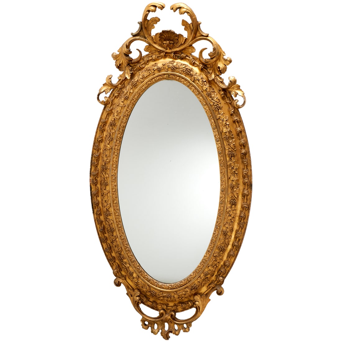 Large Victorian carved giltwood and gesso mirror: Large Victorian carved giltwood and gesso mirror, 19th c., with scrolled crest, raised grapevine and cluster decoration, 61"h x 33"w