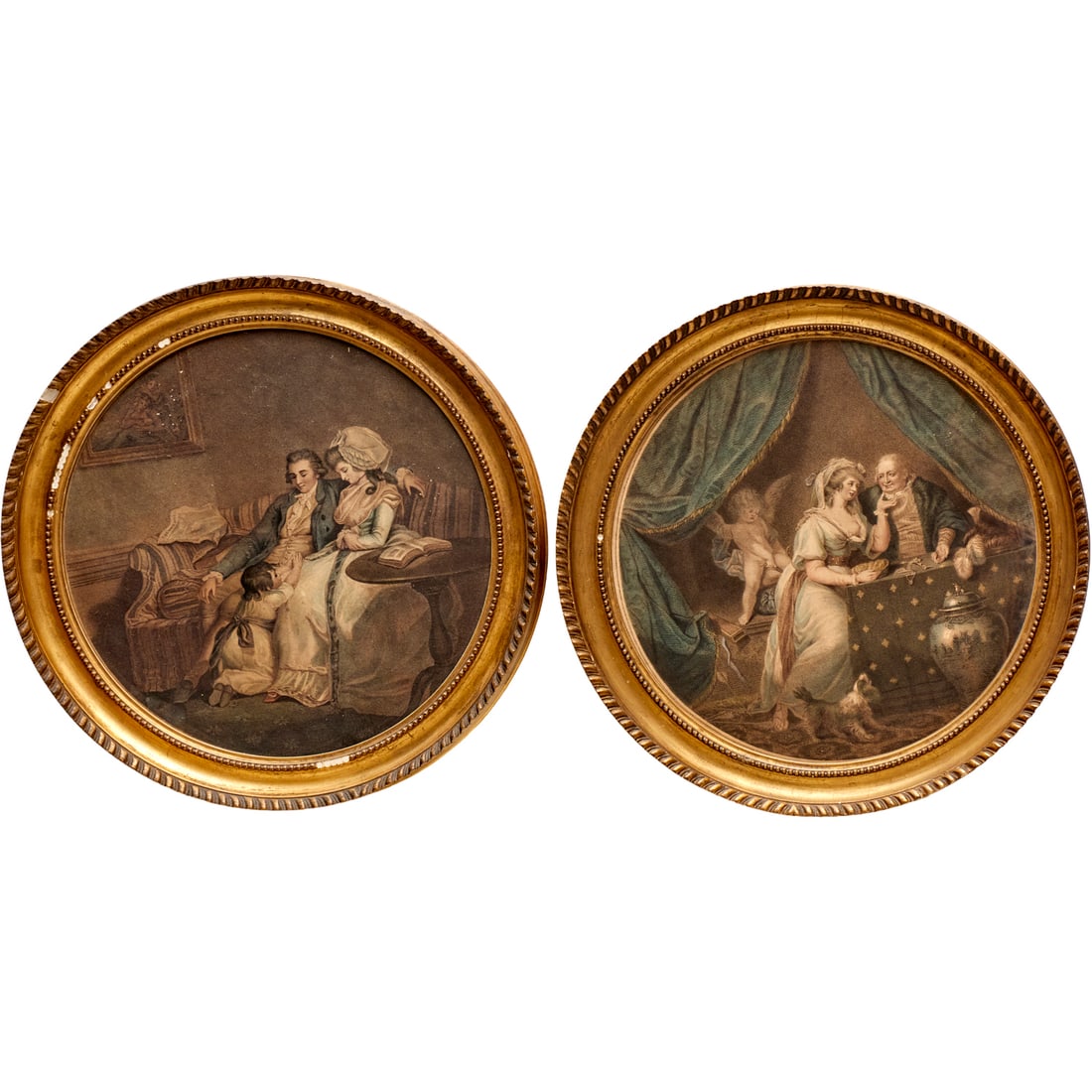 Francesco Bartolozzi, (2) hand-colored engravings: Francesco Bartolozzi, (2) hand-colored engravings, Francesco Bartolozzi (Italian, 1727-1815), "Love Vanquishes Avarice" and "Connubial Happiness", framed in the round under glass, 11.75"dia (sight),