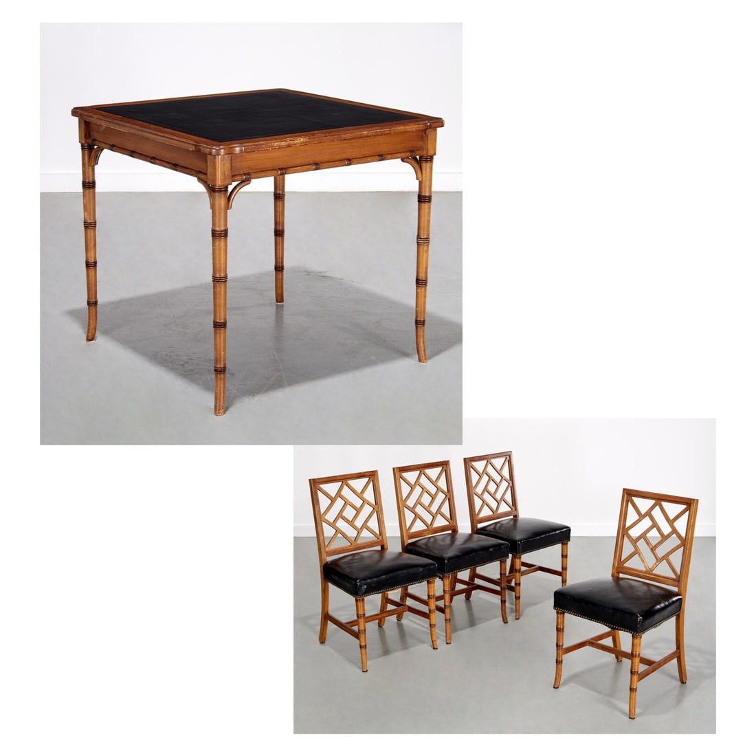 Danby MCM faux bamboo games table and chairs set: Danby MCM faux bamboo games table and chairs set, 20th c., USA, incl. a card table with inset tooled leatherette top, stamped on underside, and a set of (4) black leatherette seat side chairs with nai