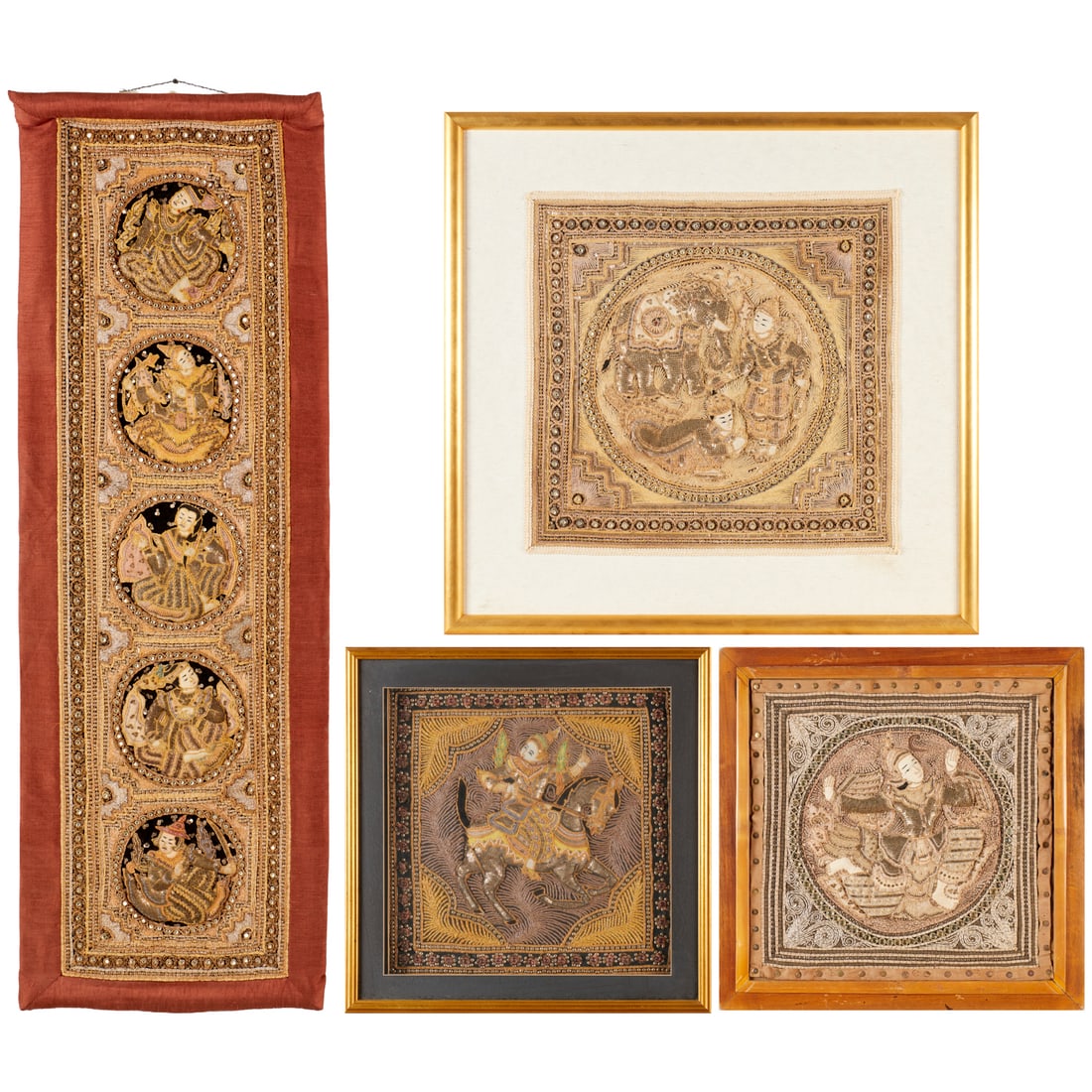 (4) Burmese Kalaga embroidered tapestries: (4) Burmese Kalaga embroidered tapestries, 20th c., (3) framed (one under glass), largest: 24"h x 23"w (textile), 33.5"h 34.25"w (frame), and one as a hanging piece with bars at top and bottom, 58"h