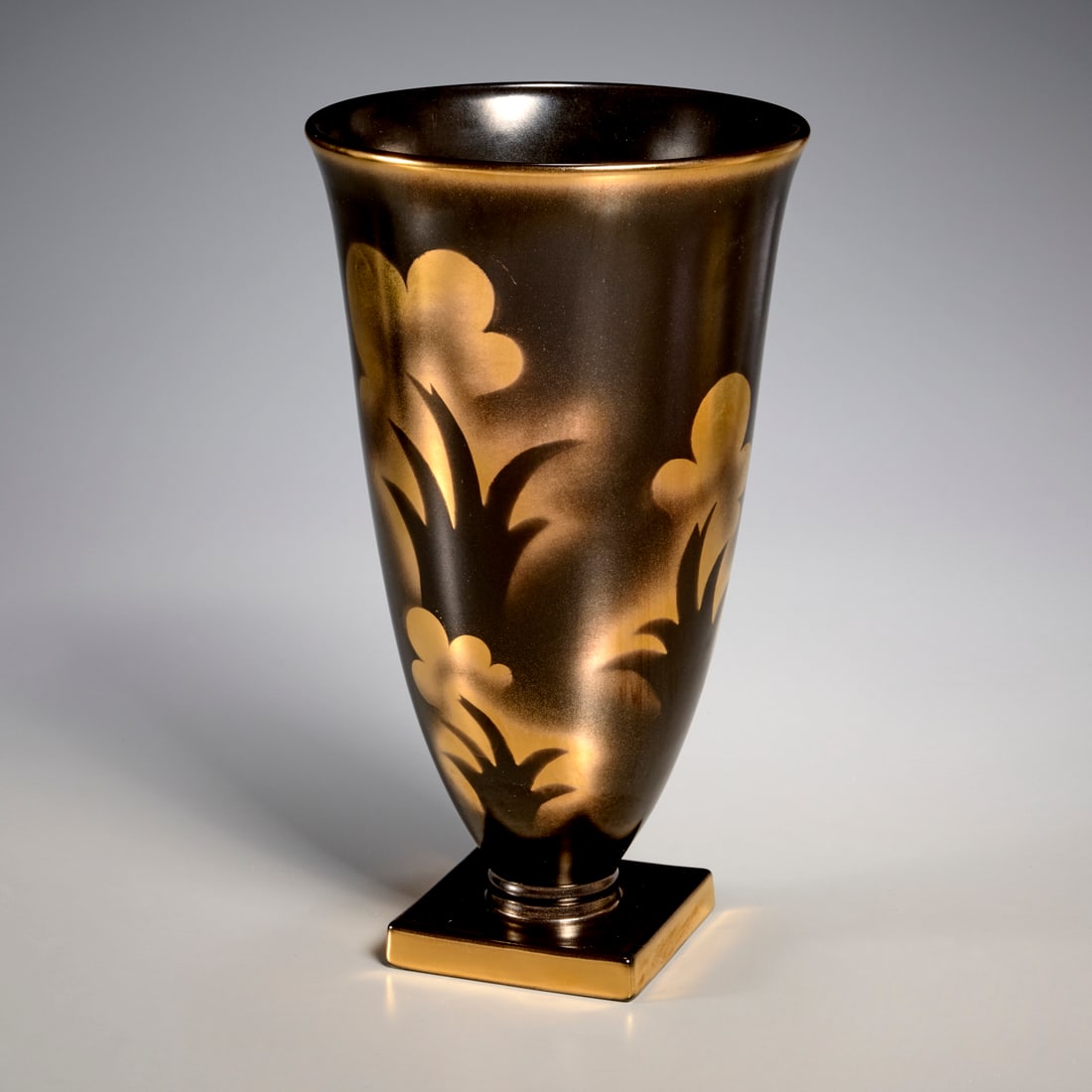 Villeroy & Boch, Art Deco ceramic pedestal vase: Villeroy & Boch, Art Deco ceramic pedestal vase, Mid 20th c., Luxembourg, black and gold floral design, stamped on underside, 12.5"h x 7"dia
