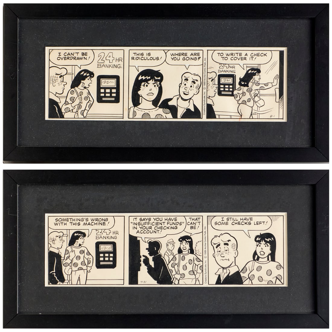 Don DeCarlo, (2) original Archie comic strip art: Don DeCarlo, (2) original Archie comic strip art, Don DeCarlo (American, 1919-2001), ink on board or paper, two consecutive 3-panel strips, 7-31 and 8-1, 1989, matted and framed under glass, 4"h x 13.