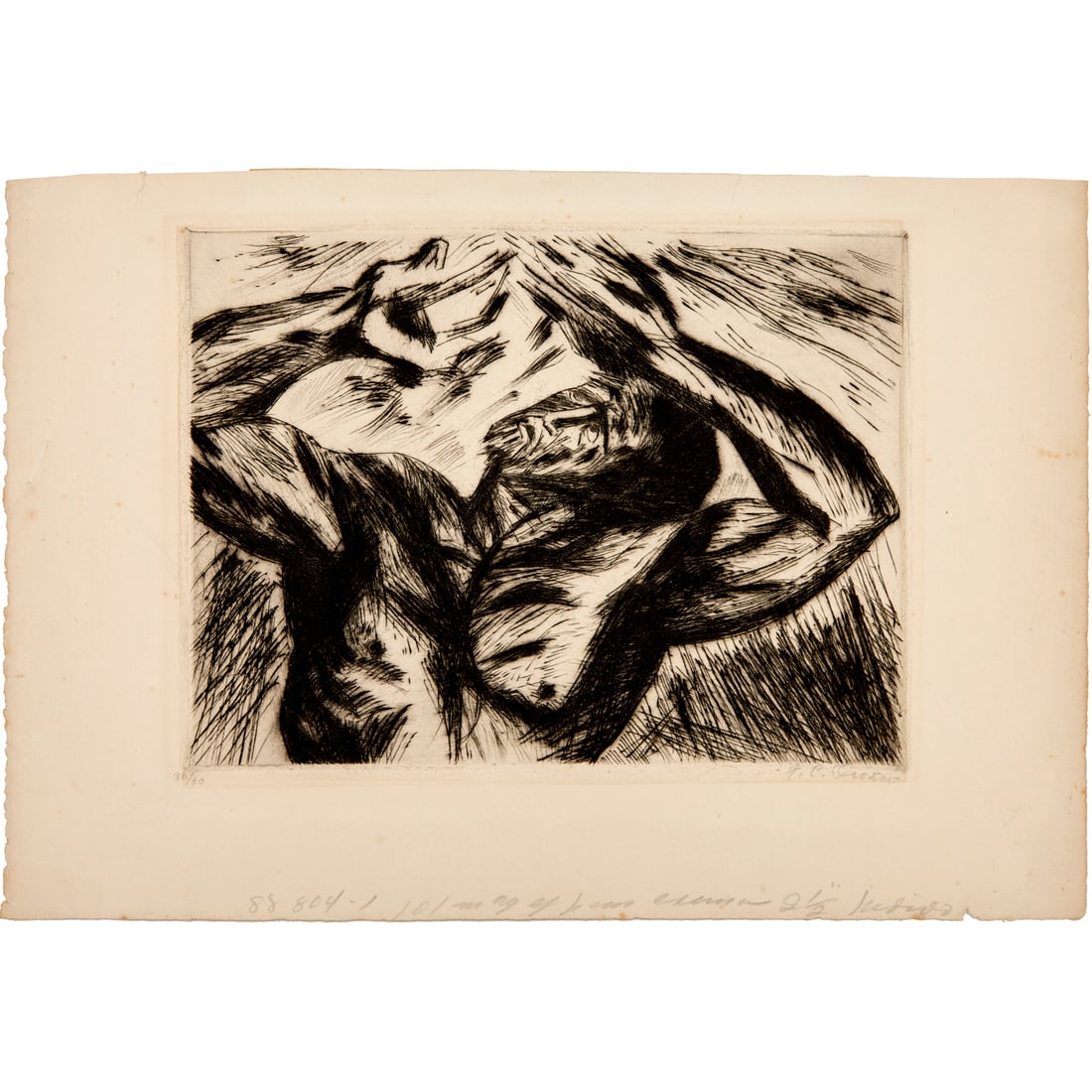 Jose Clemente Orozco, drypoint etching, 1935: Jose Clemente Orozco, drypoint etching, 1935, Jose Clemente Orozco (Mexican, 1883-1949), "Prometheus, hand raised above head", etching on wove paper watermarked "Umbria Italia P.M.", signed "J.C. Oroz