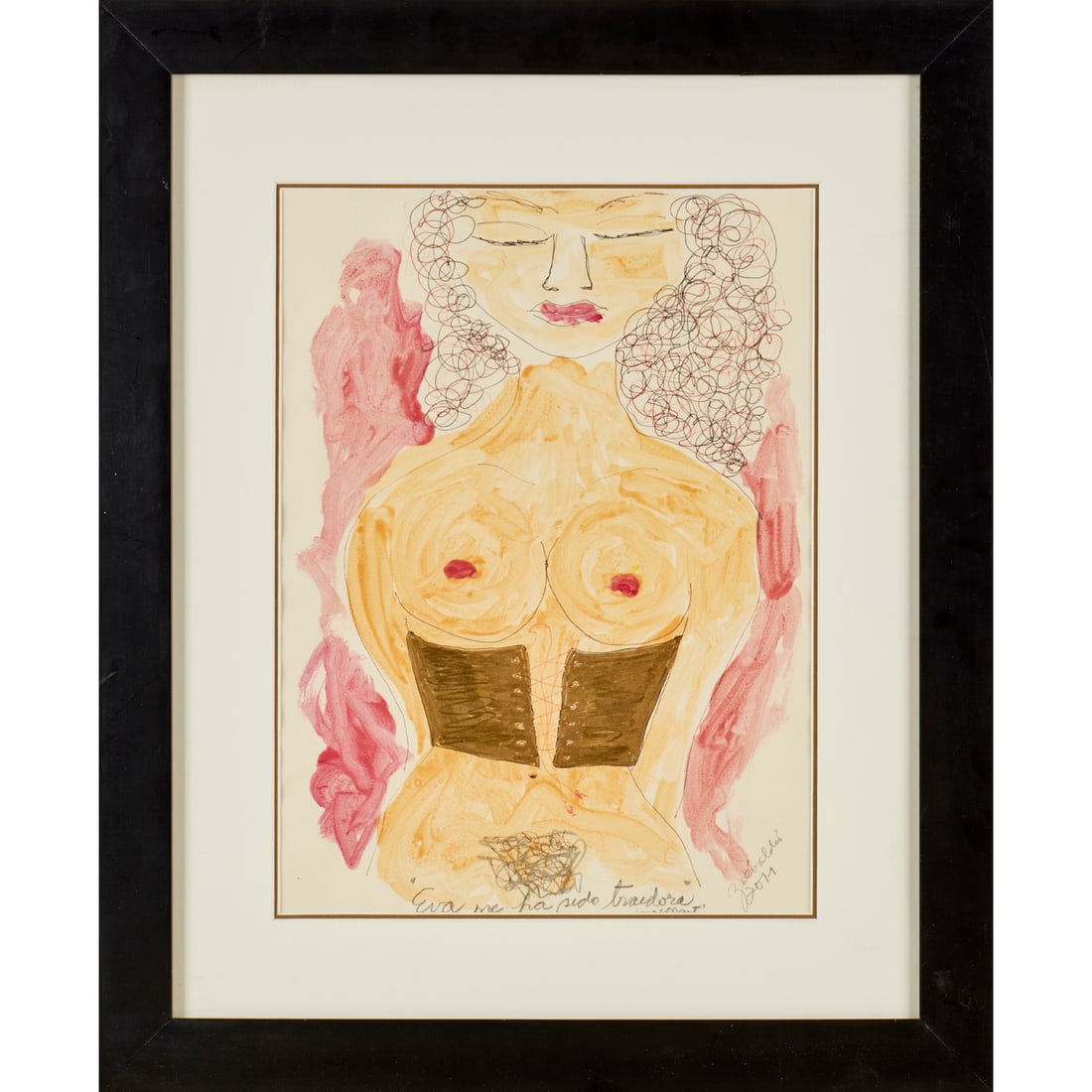 Zoe Valdes (attrib), mixed media on paper: Zoe Valdes (attrib), mixed media on paper, Attributed to Zoe Valdes (Cuban, b. 1959), "Eva ne ha sido traidora dela serie Meyer de Marti" (Eva has betrayed me, from the Marti Meyers series), 2011, pen