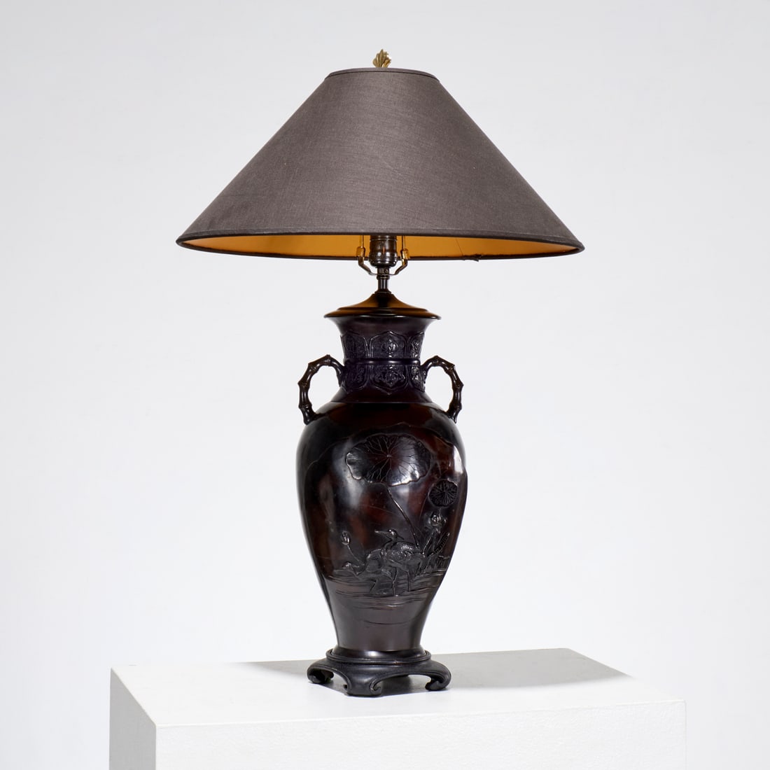 Japanese Meiji style bronze urn lamp: Japanese Meiji style bronze urn lamp, 19th/20th c., relief decorated with birds, 30"h x 9"dia Provenance: A Private Collection: 1095 Park Avenue, NYC
