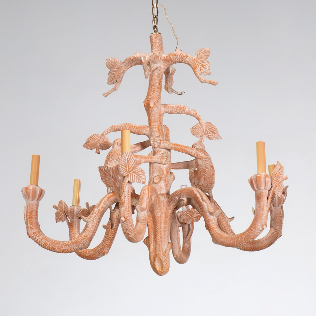 Decorator faux bois Singerie chandelier: Decorator faux bois Singerie chandelier, Late 20th c., tree stem with seated monkey figures, terminating in 6 arms, 27"h x 29"dia Provenance: Property from a Prominent NYC Family Foundation