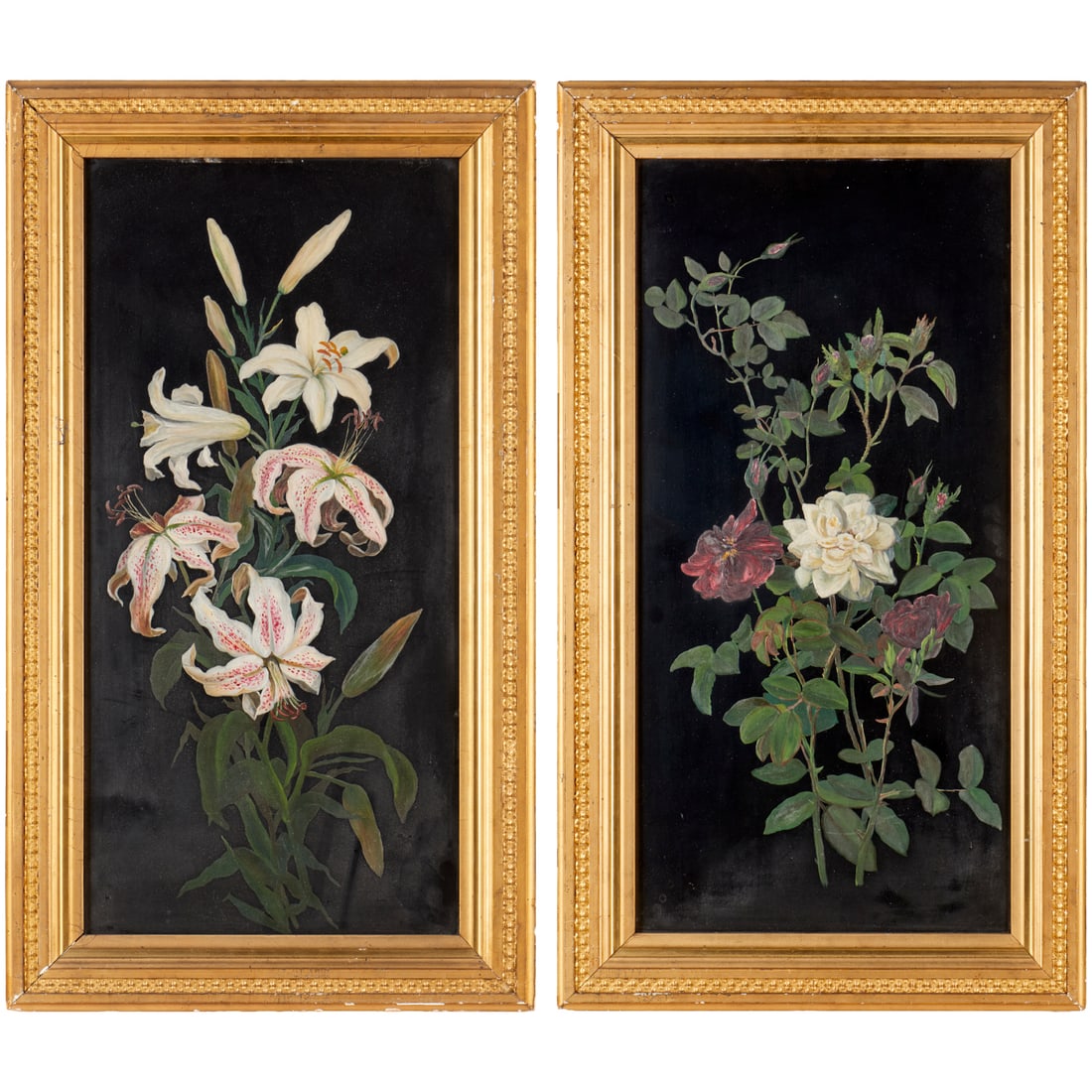 Pair Victorian botanical studies, oil on panel: Pair Victorian botanical studies, oil on panel, 19th/20th c., Lilies and Roses, no signature detected, 23.25"h 11.25"w (sight), 28"h x 16"w (frames)