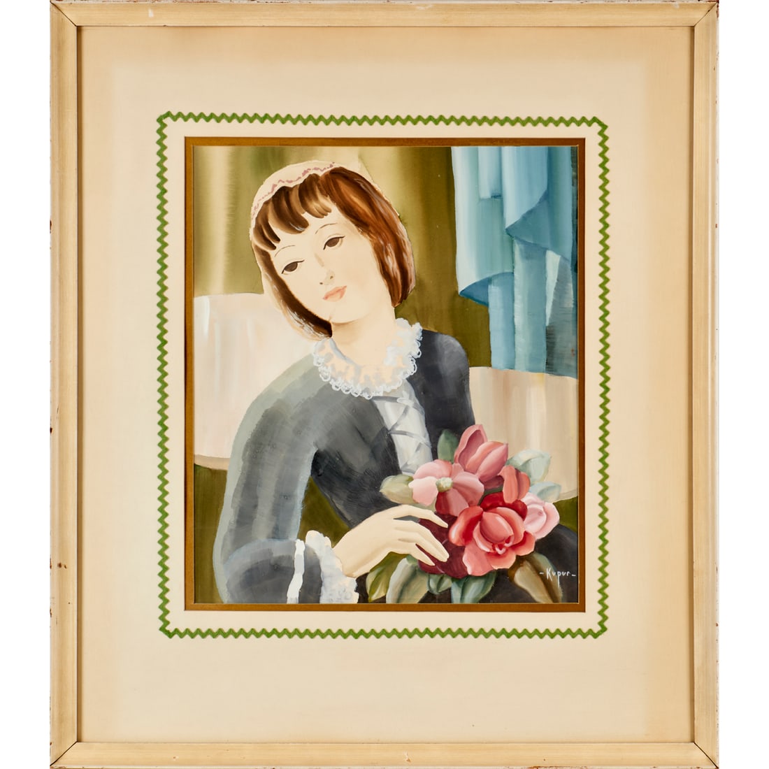 Ruben Kupur, gouache on paper: Ruben Kupur, gouache on paper, Ruben Kupur (Russian/American, 1887-1976), Woman with Flowers, signed "Kupur" at lower right, 19"h x 16"w (sight), 31.5"h x 27.5"w (frame)