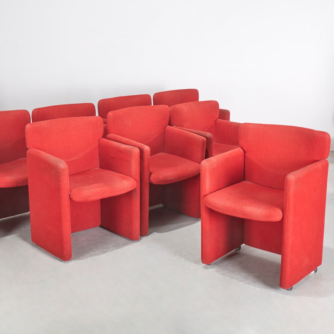 (8) Ray Wilkes "Chiclet" style armchairs: (8) Ray Wilkes "Chiclet" style armchairs, 20th c., modular armchairs, red wool twill upholstery, unmarked, each 32.5"h x 23"w x 21"d Provenance: A Private Collection: 314 West 71st Street, NYC