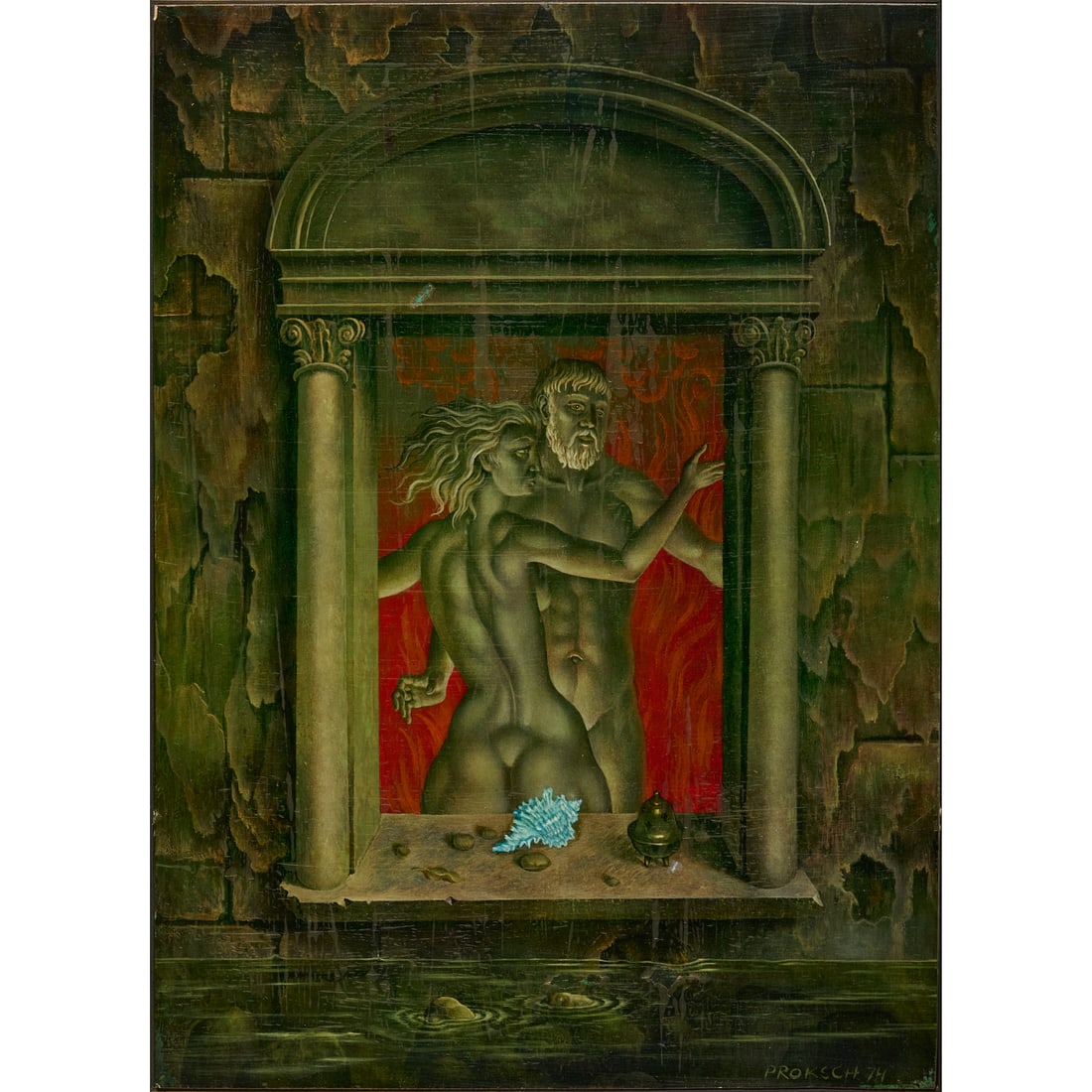 Peter Proksch, Surrealist acrylic on paper, 1974: Peter Proksch, Surrealist acrylic on paper, 1974, Peter Proksch (Austrian, 1935-2012), Surrealist Nude Couple, acrylic on paper laid down on wood, signed and dated lower right, artist's name, date
