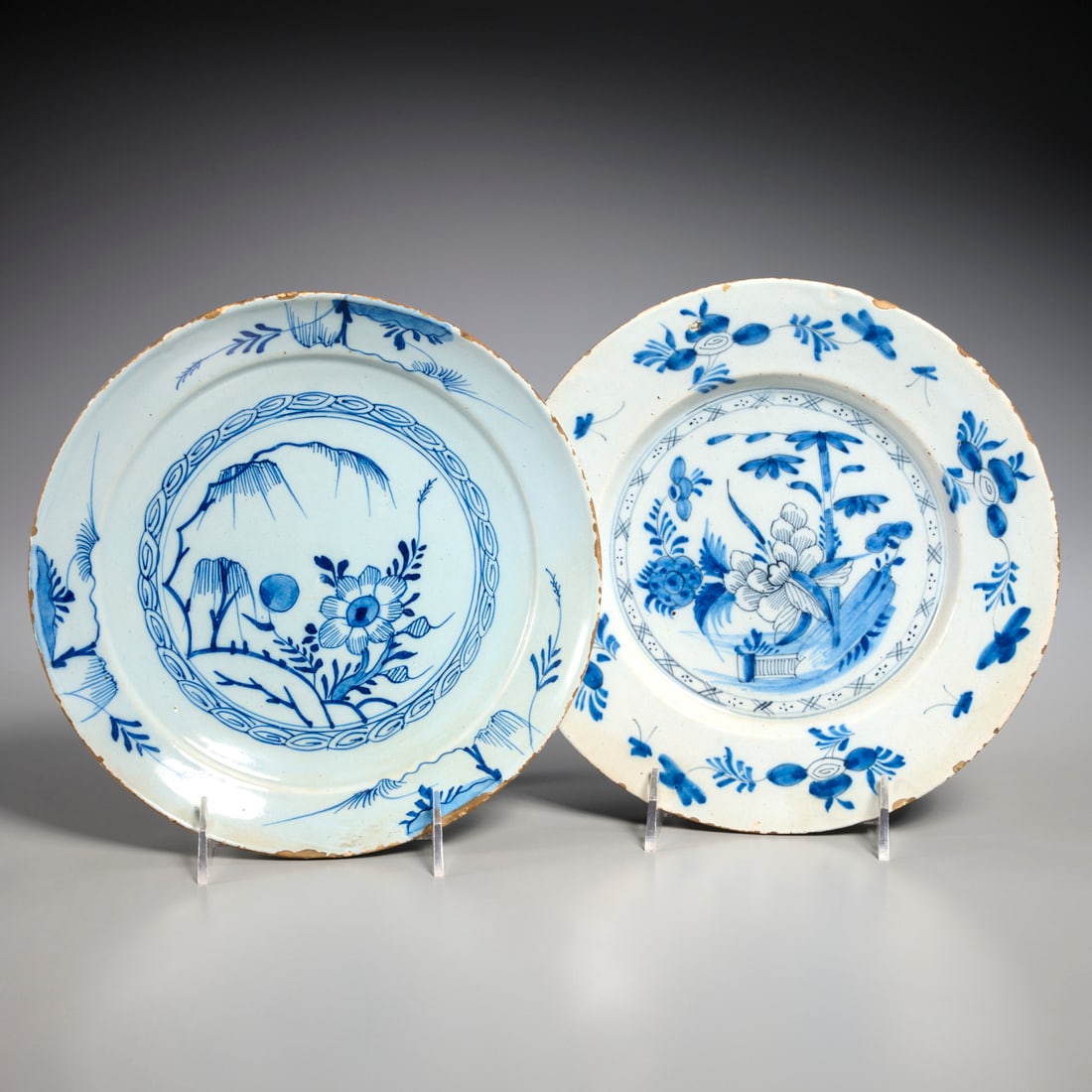 (2) Dutch Delft Chinoiserie plates: (2) Dutch Delft Chinoiserie plates, Possibly 18th c., one with underglaze mark, approx. 9"dia