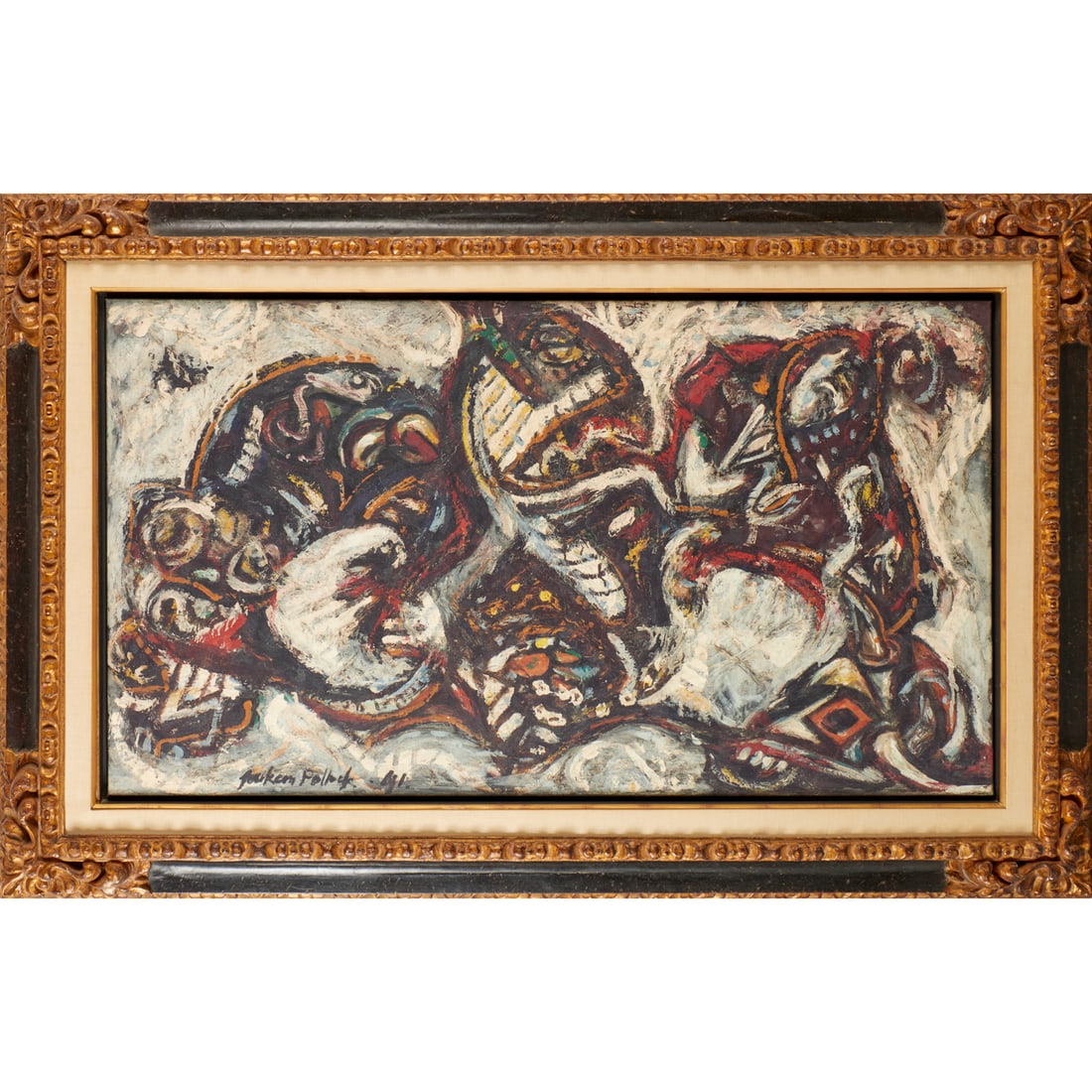 Jackson Pollock (after), giclee on canvas: Jackson Pollock (after), giclee on canvas, After Jackson Pollock (American, 1912-1956), "Composition with Masked Forms", signed in plate lower left, 40"h x 63"w (frame), 28"h x 50"w (sight)