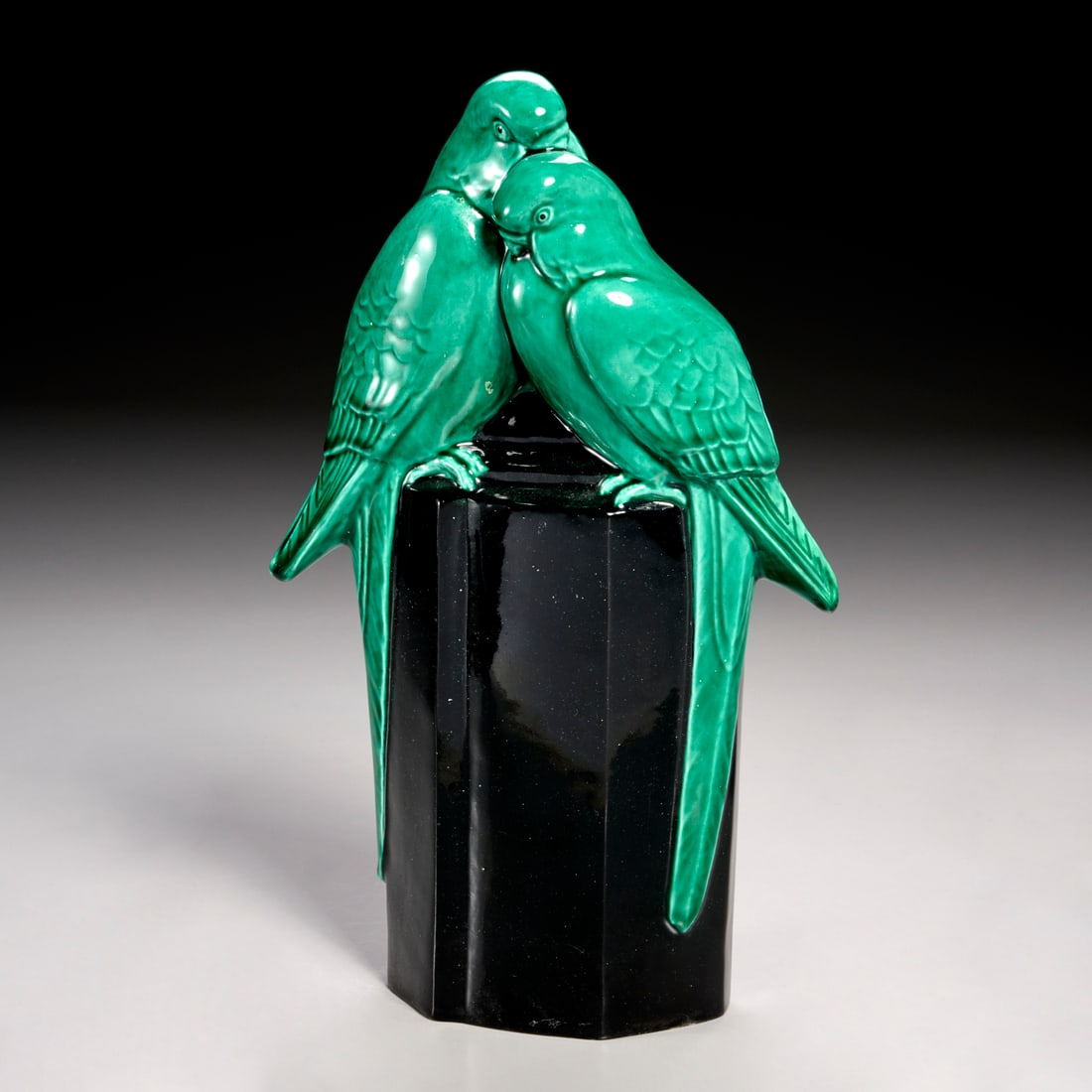 Paul Milet for Sevres, Art Deco bird group: Paul Milet for Sevres, Art Deco bird group, c. 1930s, France, glazed ceramic, green birds perched on black pedestal, marked "PM, Sevres" along lower back edge, 11.25"h x 7.5"w x 3"d