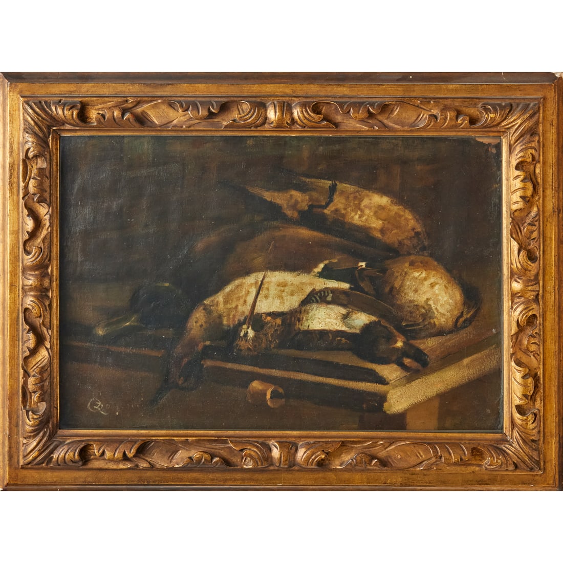 Italian School, oil on canvas: Italian School, oil on canvas, Italian School (18th/19th c.), Natura Morta of Birds, signed illegibly lower left, 14.5"h x 21.5"w (sight), 21.5"h x 27.5"w (frame) Provenance: From the Estate of an Ita