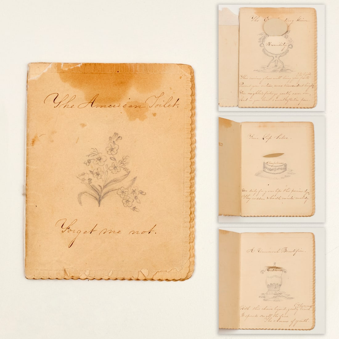 Hand-made flap book, 19th c., ex museum: Hand-made flap book, 19th c., ex museum, c. 1850, USA, "The American Toilet Forget me not", 20 pages, the rectos each with hand-written text in pen, graphite drawing and hinged flap that reveals a