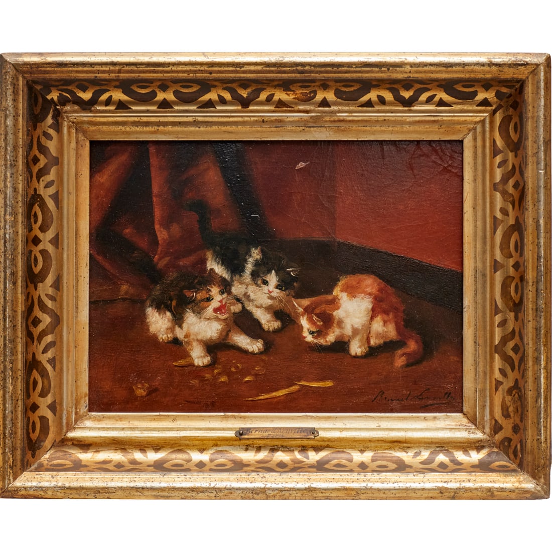 Bernard Neuville, oil on board, Kittens: Bernard Neuville, oil on board, Kittens, Bernard Neuville (French, 1852-1941), Three Kittens, signed lower right, auction tag, metal plaque to frame, 8.25"h x 11.25"w (sight), 13"h x 16"w x 2.25"d (fr