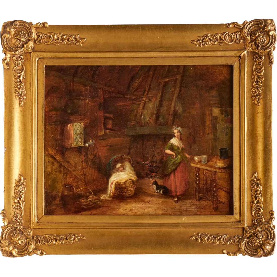 Alfred Provis, oil on canvas: Alfred Provis, oil on canvas, Alfred Provis (British, 1818-1890), Mother and Child with a Cat, signed lower right, 11.25"h x 14"w (sight), 17.5"h x 20"w (frame) Provenance: Property from a Prominent