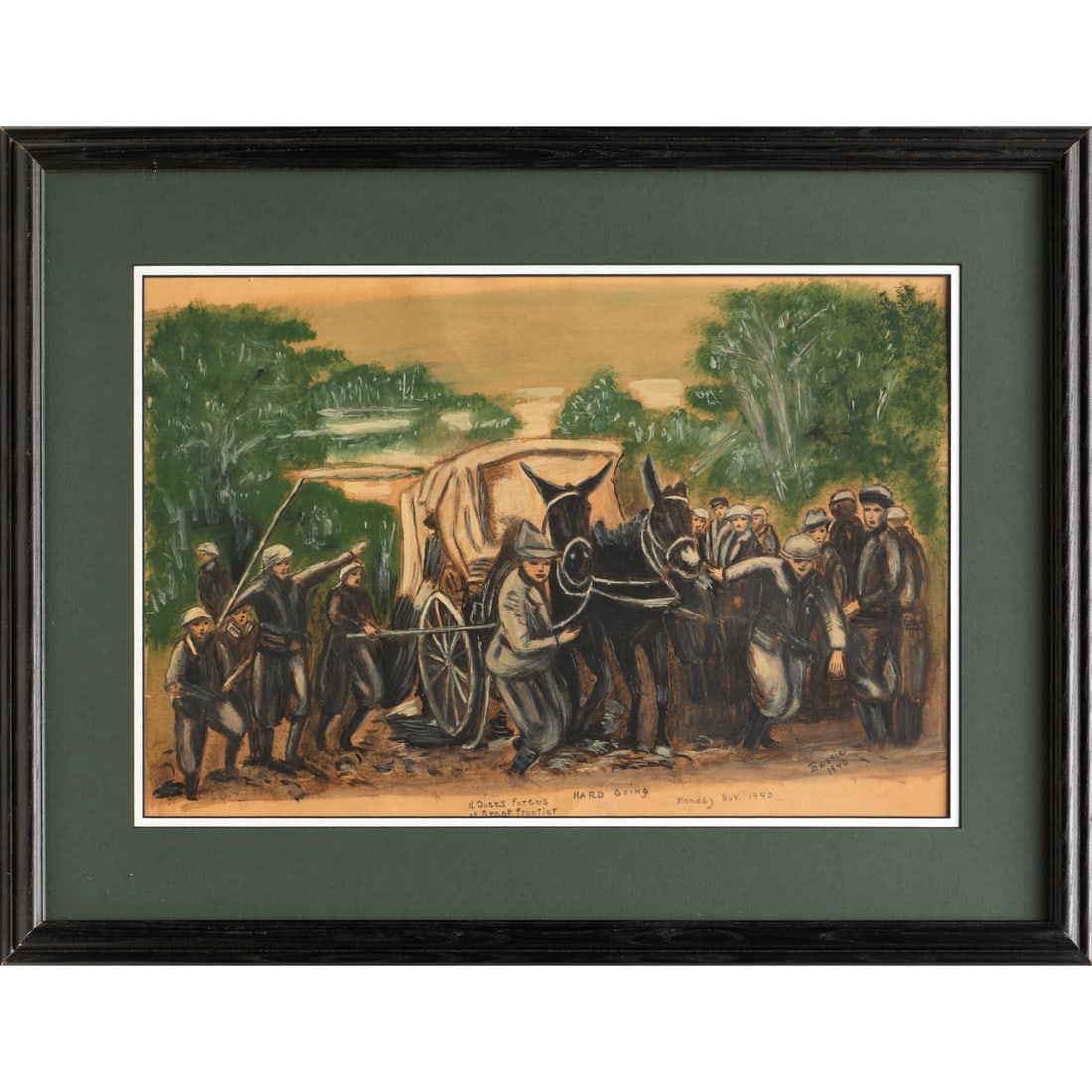 WWII Outsider Art, mixed media on paper, 1940: WWII Outsider Art, mixed media on paper, 1940, "Hard Going, Il Duce's Forces at Greek Frontier", watercolor, gouache, graphite on paper, signed "Bessie" and dated lower right, matted and framed under 
