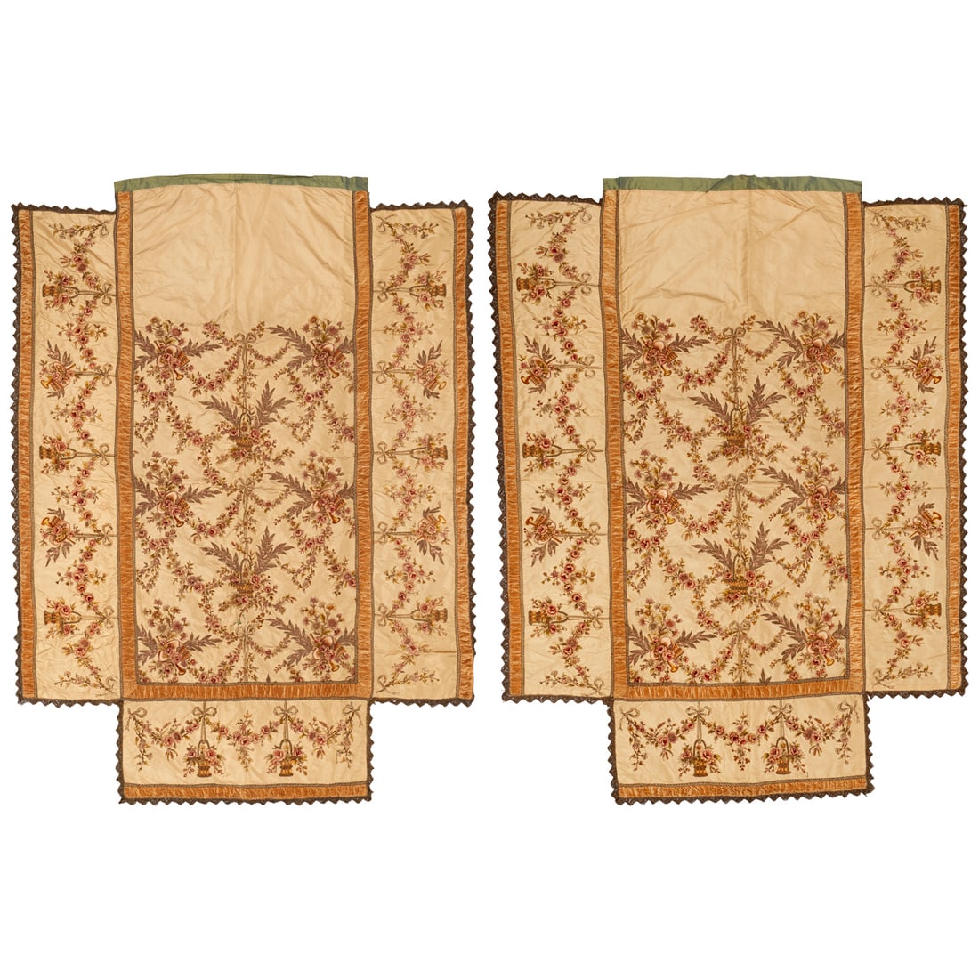 Pr Exquisite embroidered bed covers, ex Iris Apfel: Pr Exquisite embroidered bed covers, ex Iris Apfel, 19th/20th c., likely French, flower basket and floral swag stumpwork style embroidery, on silk taffeta ground, with velvet accents, 8'l x 6'w