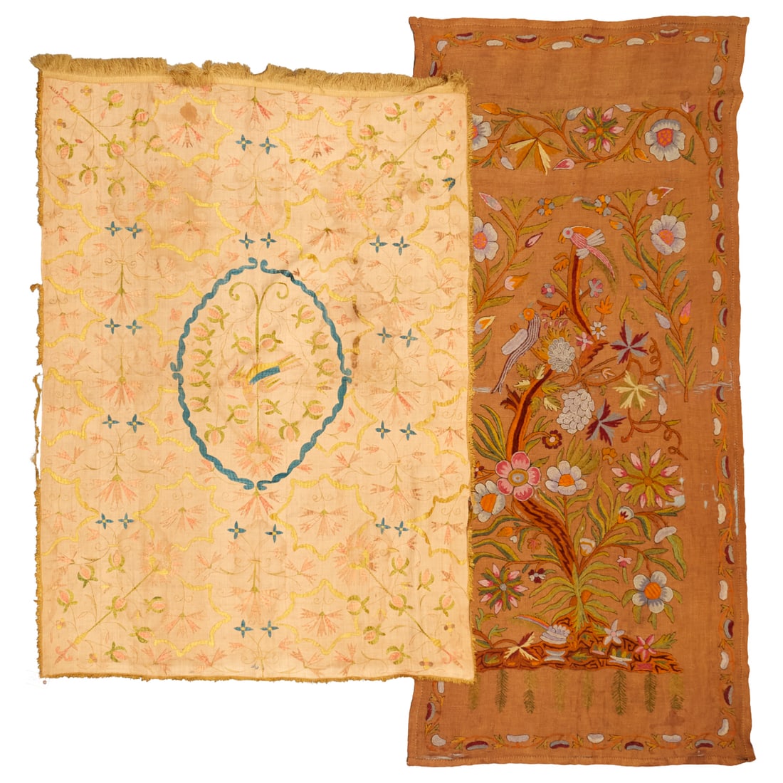 (2) Embroidered textile panels, ex Iris Apfel: (2) Embroidered textile panels, ex Iris Apfel, 19th/20th c., incl. (1) crewelwork example with birds on flowering branch, approx. 8'7"l x 4'w, (1) wall hung embroidery on linen ground, with bird and