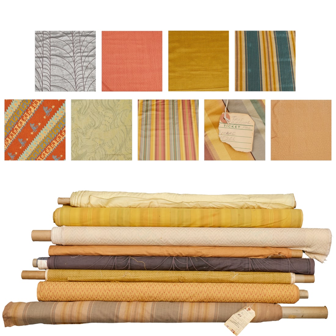 (8) Partial bolts, geometric fabric, ex Iris Apfel: (8) Partial bolts, geometric fabric, ex Iris Apfel, 20th c., assorted patterns and fabrics, incl. silk taffeta, Miaou-Miaou, (1) marked Decrotex Provenance: The Iris Apfel Collection