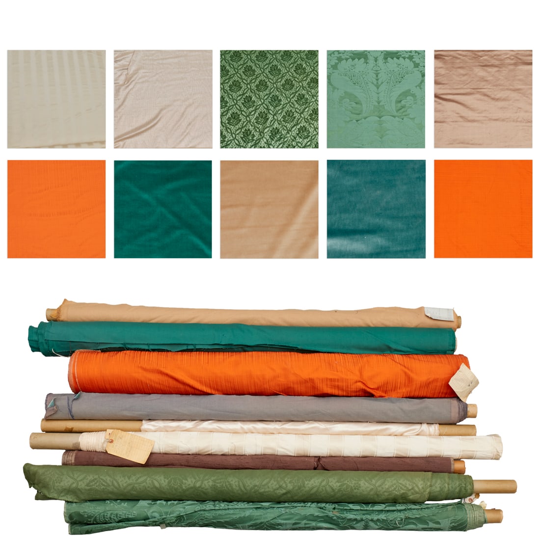 (9) Partial bolts fabric, ex Iris Apfel: (9) Partial bolts fabric, ex Iris Apfel, 20th c., assorted patterns and colors, incl. damask, silk taffeta, Arguss, dralon, examples incl. Old World Weavers and Velluti Di Nole Provenance: The Iris