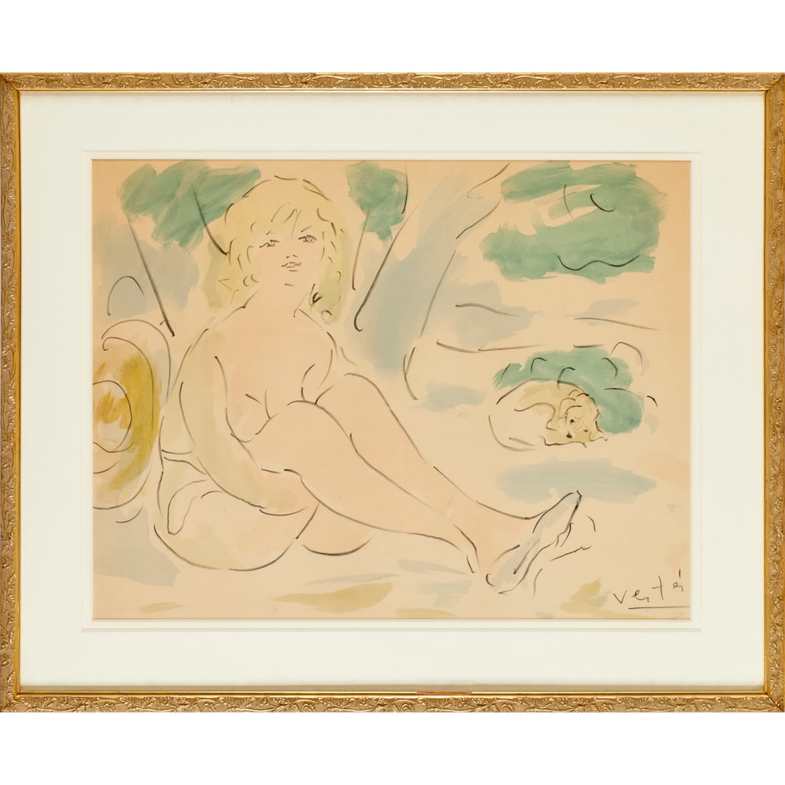Marcel Vertes, lithograph: Marcel Vertes, lithograph, Marcel Vertes (French, 1895-1961), Female Figure with Dog, signed in the plate, matted and framed under glass, 19.25"h x 25.25"w (sight), 27"h x 33"w (frame)