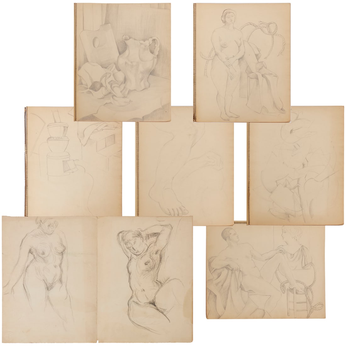 Margaret Trumbull Jennings, sketchbook: Margaret Trumbull Jennings, sketchbook, Margaret Trumbull Jennings (American, 1896-1983), large spiral-bound sketchbook with 5 graphite studies plus 2 nude charcoal sketches on a folded Strathmore