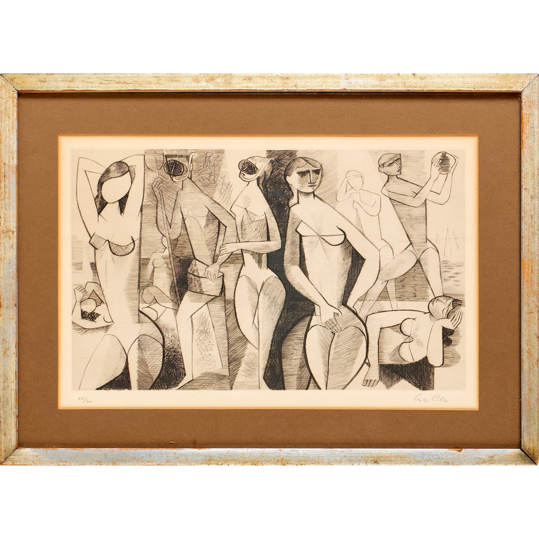 Yves Alix, signed etching: Yves Alix, signed etching, Yves Alix (French, 1890-1969), Art Deco style, Bathers at the Beach, pencil signed and numbered 16/30 lower margin, matted and framed under glass, 11.25"h x 17.25"w