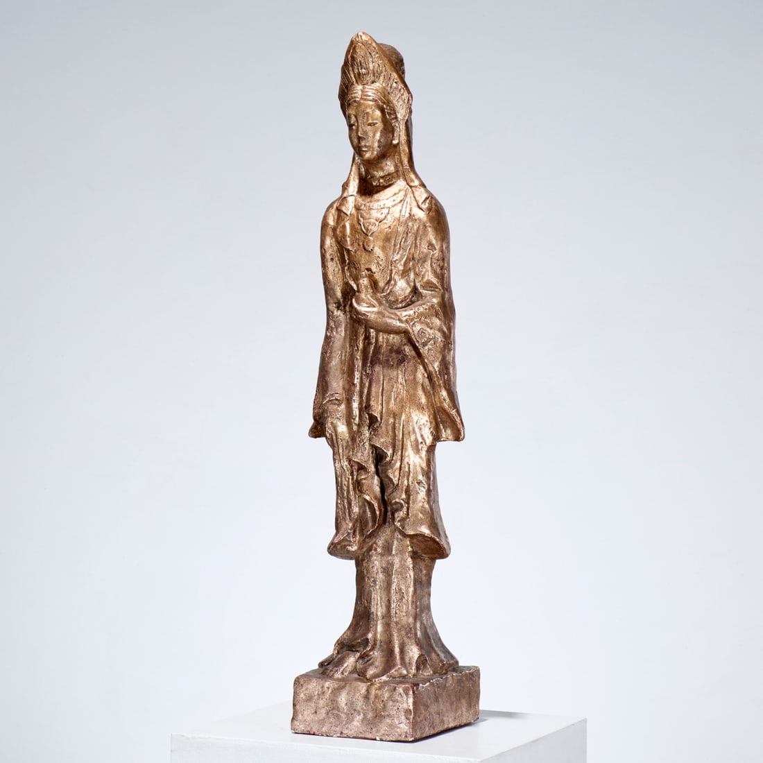 Large Mid-Century Eurasian Princess statue: Large Mid-Century Eurasian Princess statue, 1967, Austin Productions, cast composite with antique metallic gilt finish, marked on back of base, 40.5"h x 10"w x 9"d Provenance: A Private Collection: 10