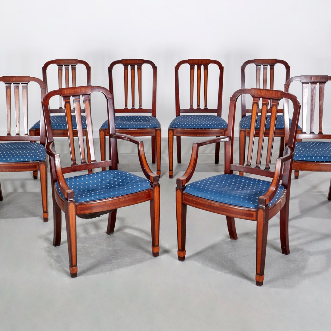 (8) Sheraton style inlaid mahogany dining chairs (1 of 9)