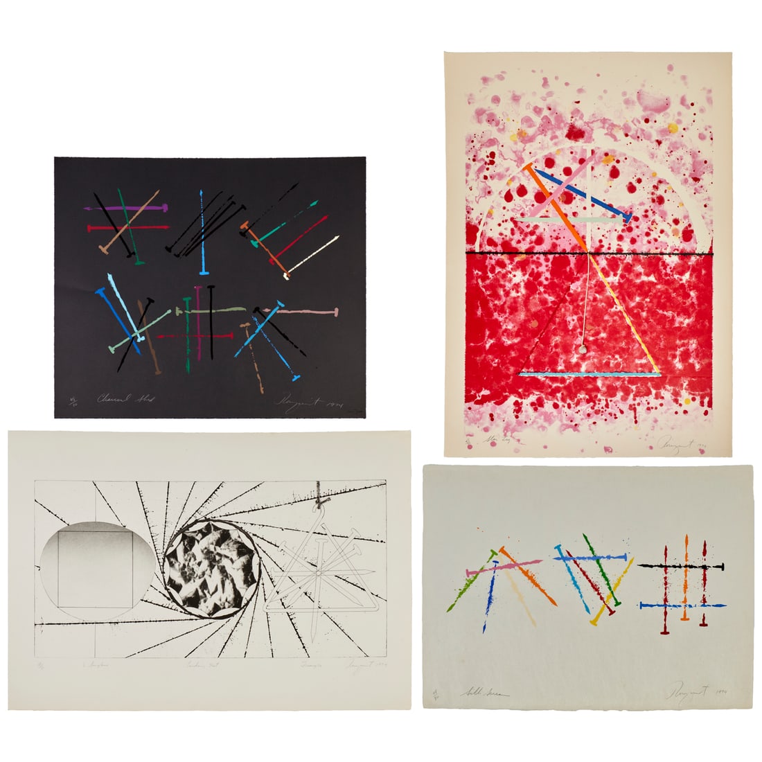 James Rosenquist, "Time Flowers" set, 1974: James Rosenquist, "Time Flowers" set, 1974, James Rosenquist (American, 1933-2017), complete set of 4 prints from the "Time Flowers" series, including "Sunglasses - Landing Net - Triangle", etching, d