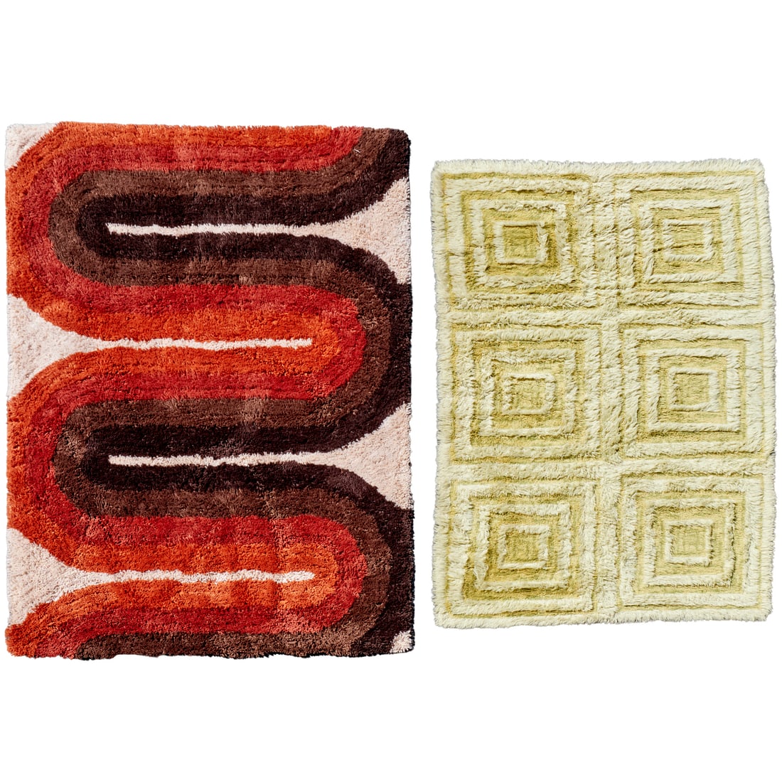 (2) Mid-Century Modern shag rugs: (2) Mid-Century Modern shag rugs, 20th c., (1) green geometric, (1) brown and terracotta tone geometric, approx. 6'11"l x 5'3"w (larger), 6'1"l x 4'7"w (smaller)