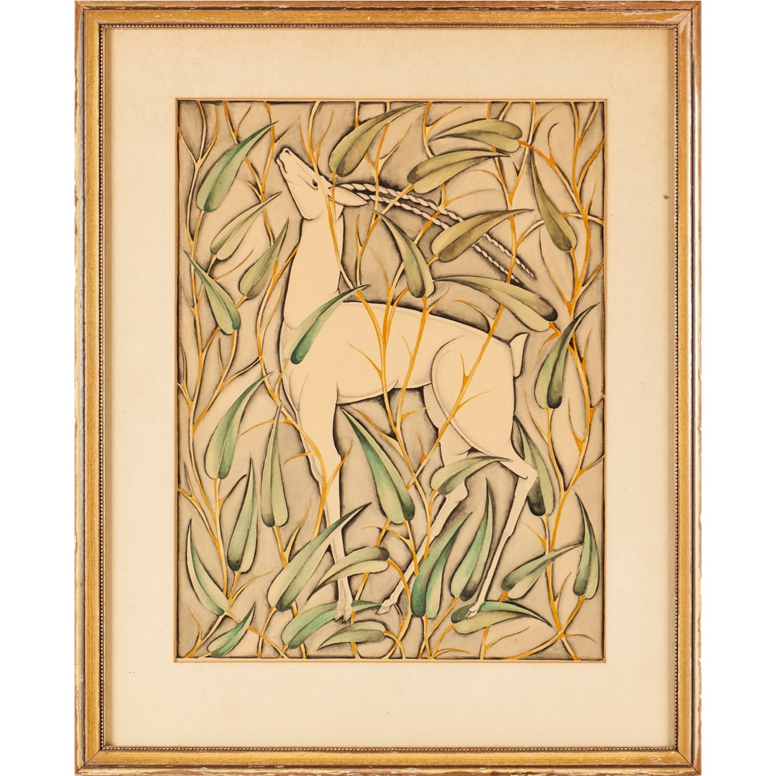 Art Deco School, ink and watercolor: Art Deco School, ink and watercolor, Art Deco School (20th c.), Ibex in Foliage, ink and watercolor on illustration board, no signature detected, matted and framed under glass, 15.25"hx 11.5"w (sight)