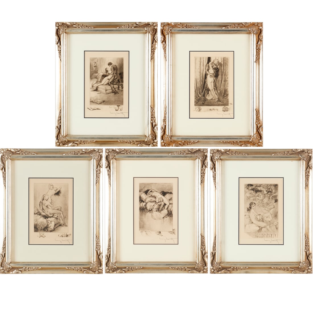 Louis Icart, (5) "Le Sopha" etchings: Louis Icart, (5) "Le Sopha" etchings, Louis Icart (French, 1888-1950), c. 1935, etchings on paper with printed signatures, matted and framed under glass, 8.75"h x 5.75"w (sight), 17"h x 14"w (frames)