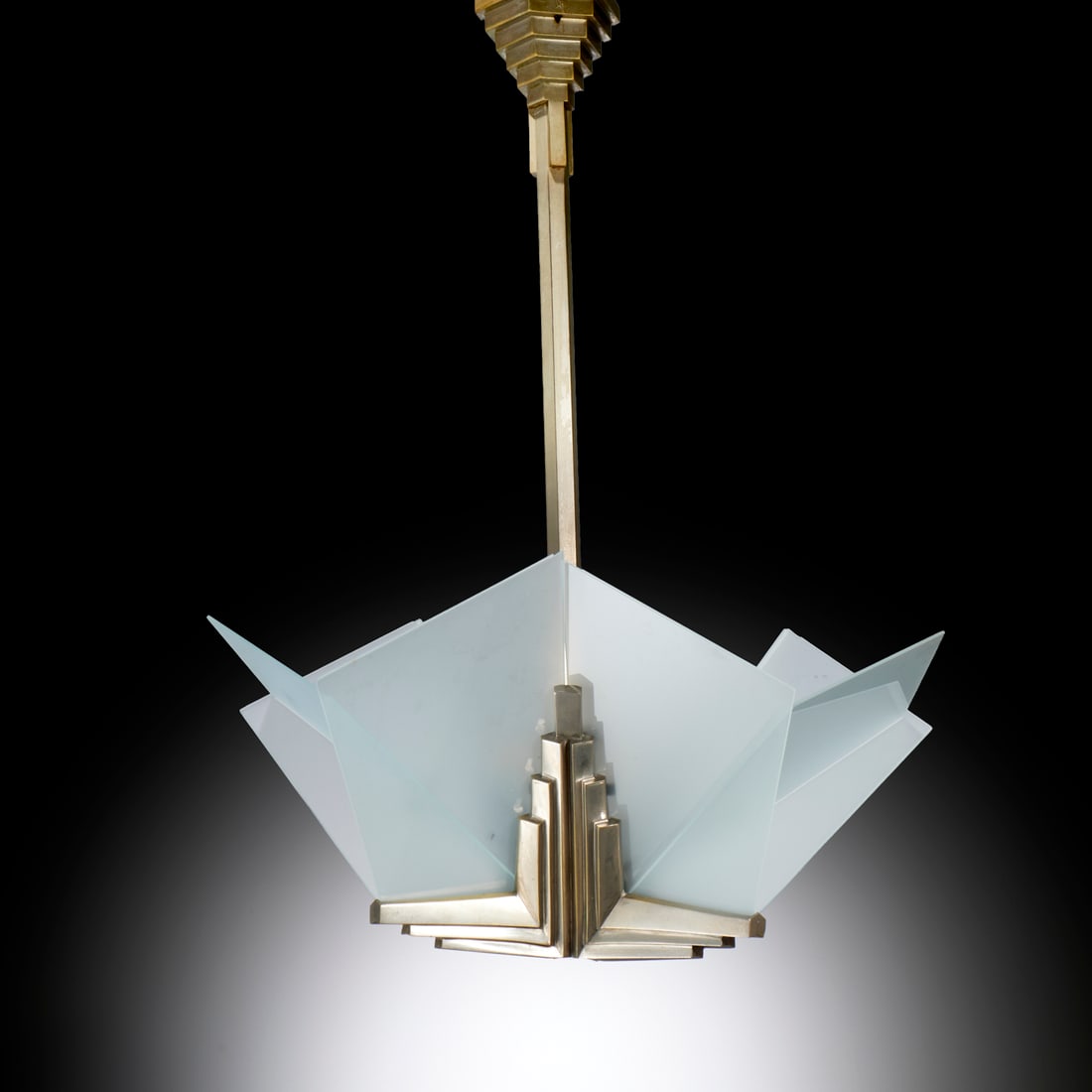 Art Deco skyscraper chandelier: Art Deco skyscraper chandelier, c. 1930s, 3-light, nickel plated frame, with frosted glass shade panels, no visible marks, approx. 34"h x 23"w x 22"d