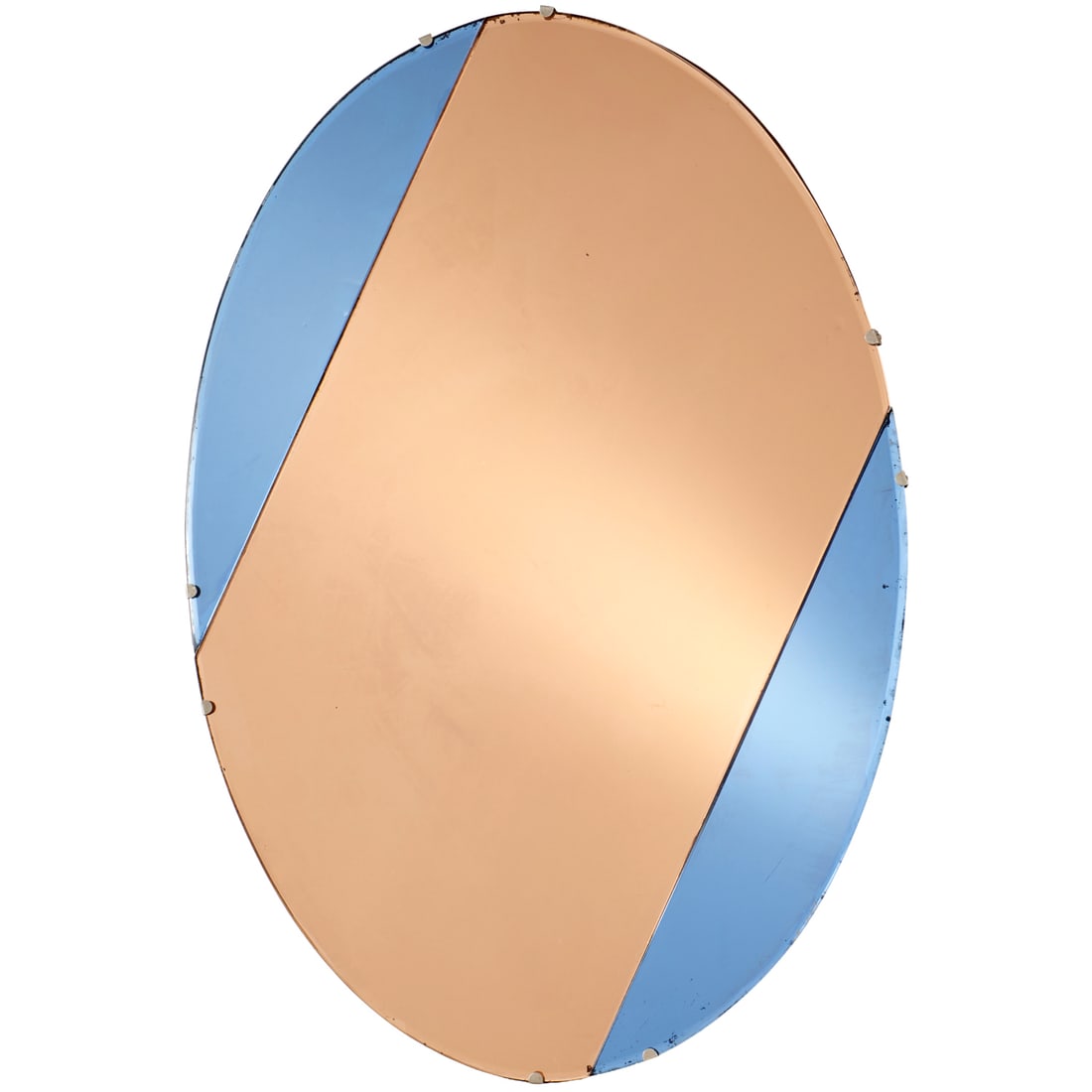 Art Deco two-tone oval wall mirror: Art Deco two-tone oval wall mirror, Mid 20th c., blue and rose tone mirrored glass, beveled edge, wood reinforced back, unmarked, 28"h x 19"w