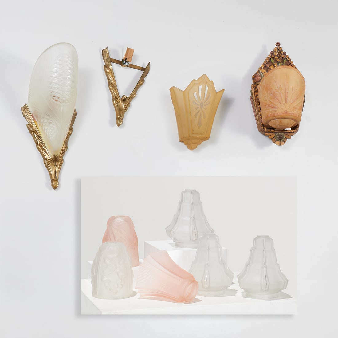 Group Art Deco glass shades and sconces: Group Art Deco glass shades and sconces, c. 1930s, incl. a Beardslee sconce, no. 79478, with glass shade, each marked, a pair of metal pinecone sconces, one with glass shade, unmarked, set (3)