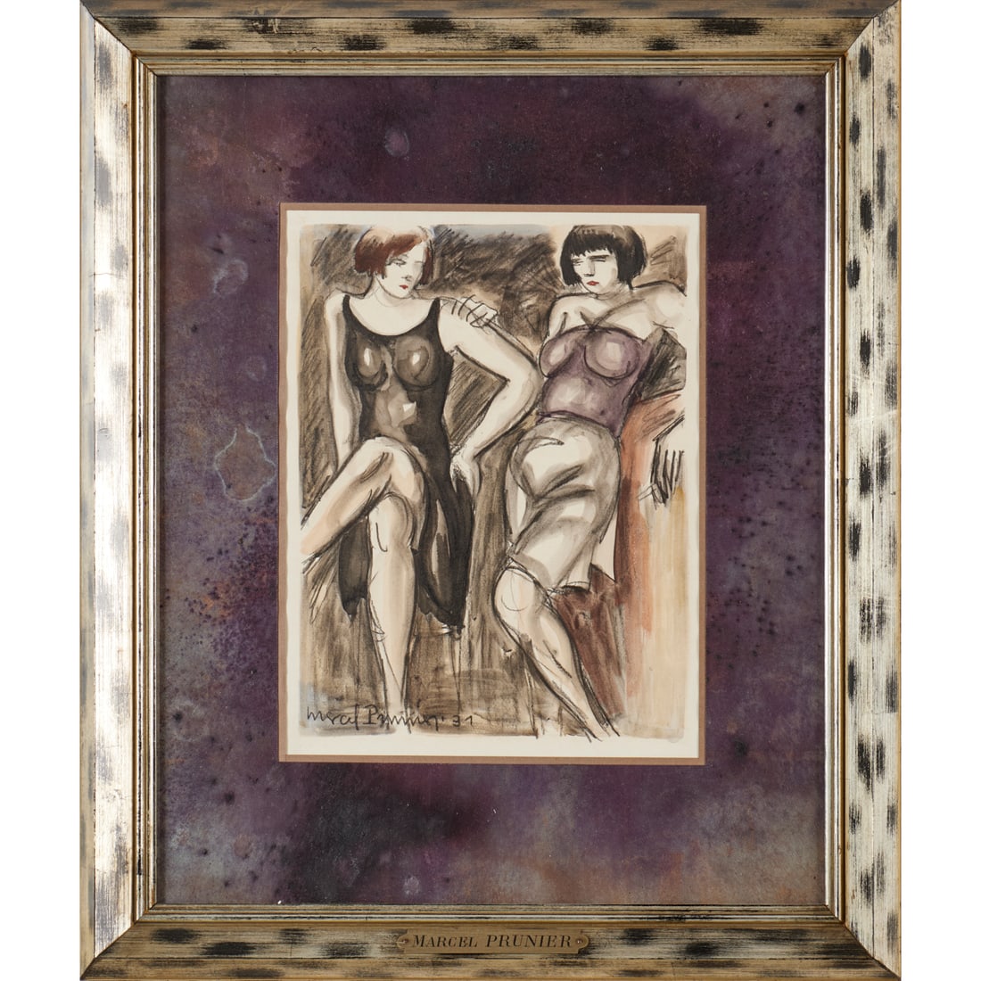 Marcel Prunier, watercolor, 1931: Marcel Prunier, watercolor, 1931, Marcel Prunier (French, 1919-1959), "Au Bar", signed and dated lower right, matted and framed under glass, 13.5"h x 10"w (sight), 24.25"h x 20.25"w (frame)