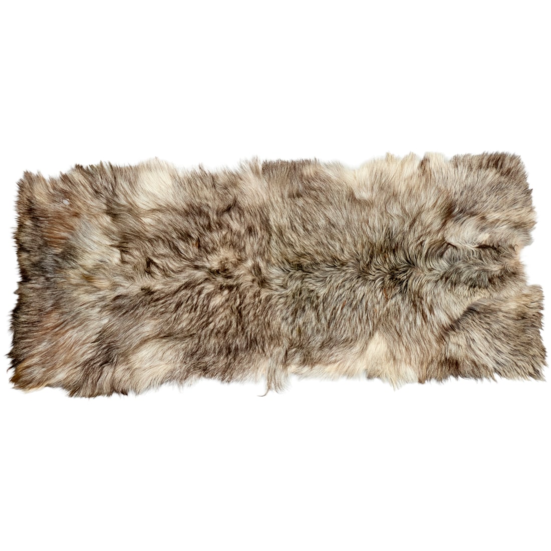 Fur area rug, ex Iris Apfel: Fur area rug, ex Iris Apfel, 20th c., silvery gray and white, pieced together, red diamond stamps to underside, approx. 5'5"l x 2'5"w Provenance: The Iris Apfel Collection