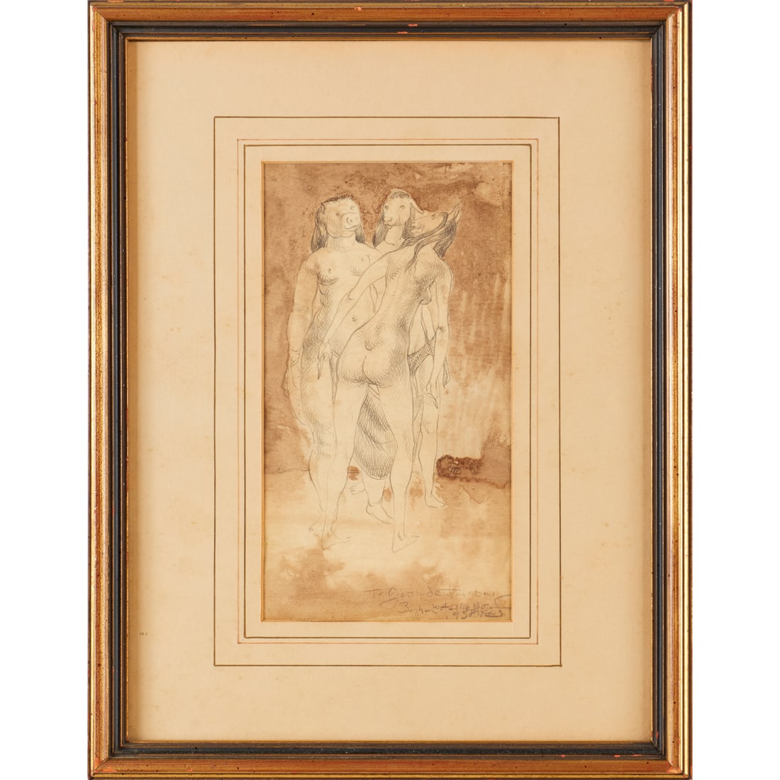 Matthew Boyham, graphite and wash, 1938: Matthew Boyham, graphite and wash, 1938, Matthew Boyham (American, 1916-1996), Three Zoomorphic Figures, inscribed, signed and dated lower right, matted and framed under glass, 10.25"h x 5.5"w