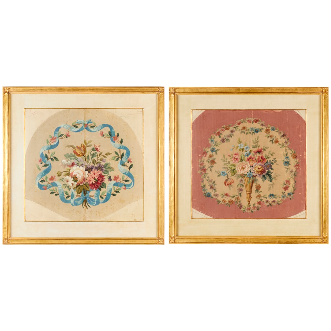 (2) Antique French tapestry cartoons: (2) Antique French tapestry cartoons, 19th c., France, gouache on paper, each with floral bouquet designs, annotations to margins of one, larger: 36.25"h x 37"w (frame), 26"h x 27"w (sight), smaller: